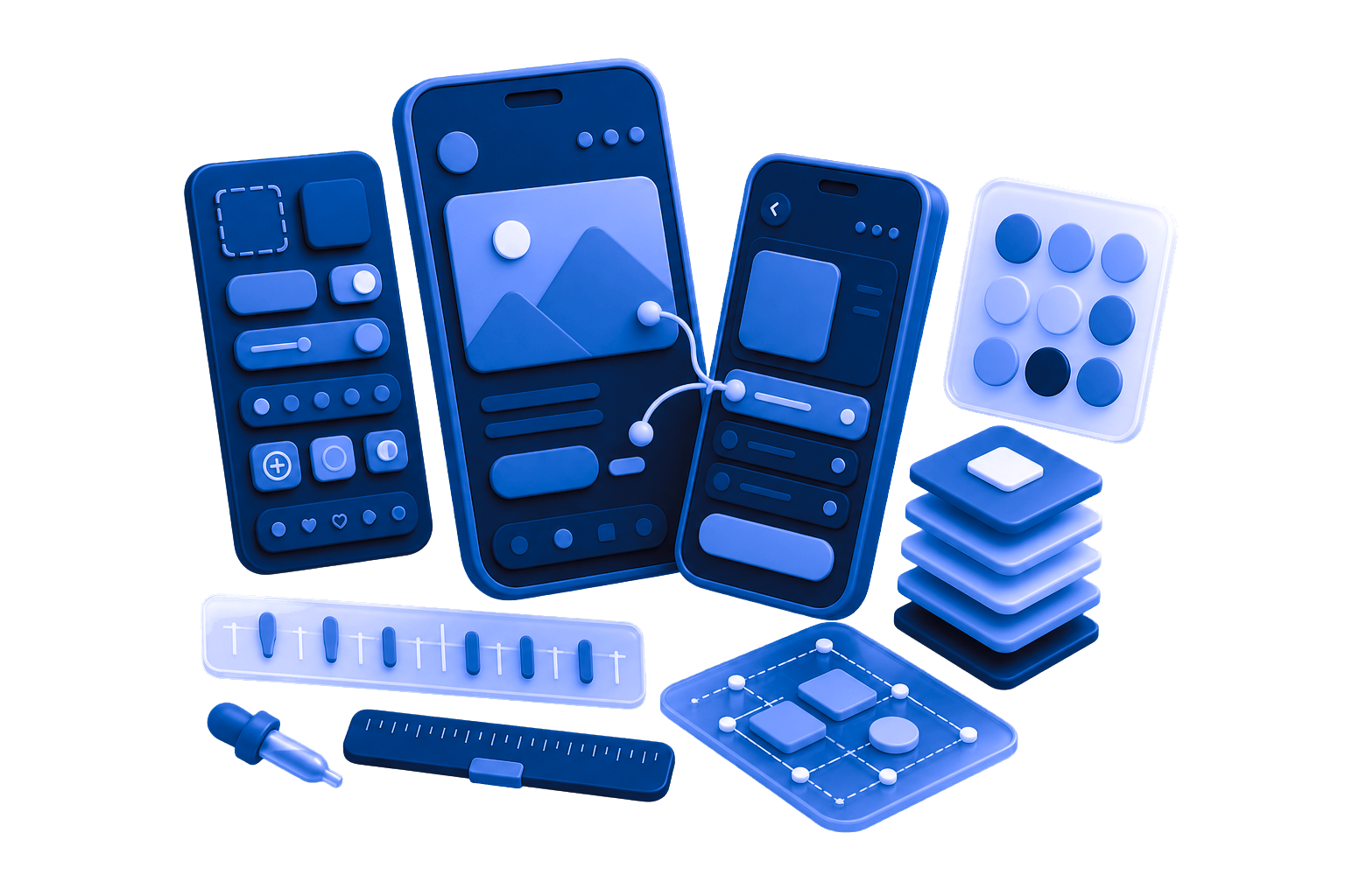 Product design workspace with components, tokens, and connected mobile flows